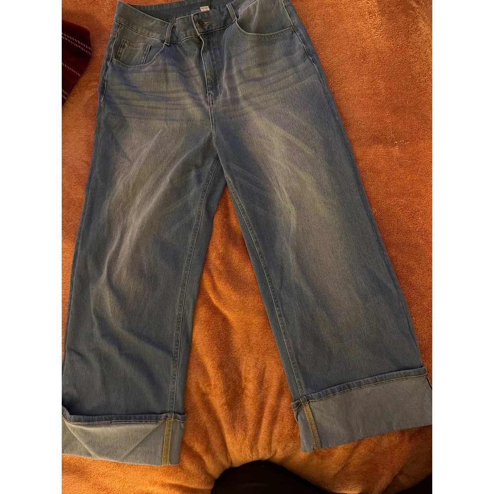 Halara Wide Leg Cuffed Denim Jeans Light Wash Blue High Waisted Size L Regular